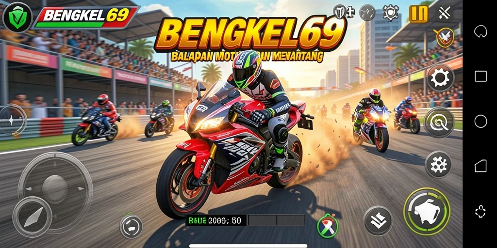 Screenshot menampilkan momen balapan seru di BENGKEL69.