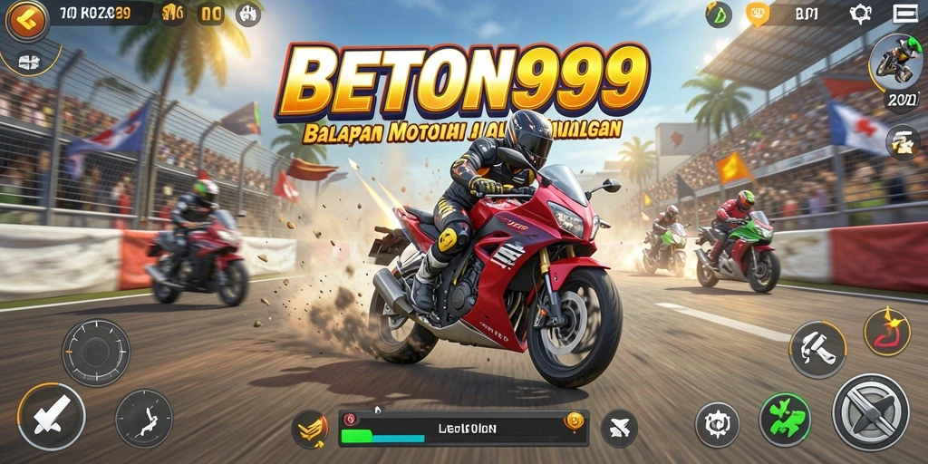 Tangkapan layar gameplay menampilkan ajang balapan motor yang mendebarkan.