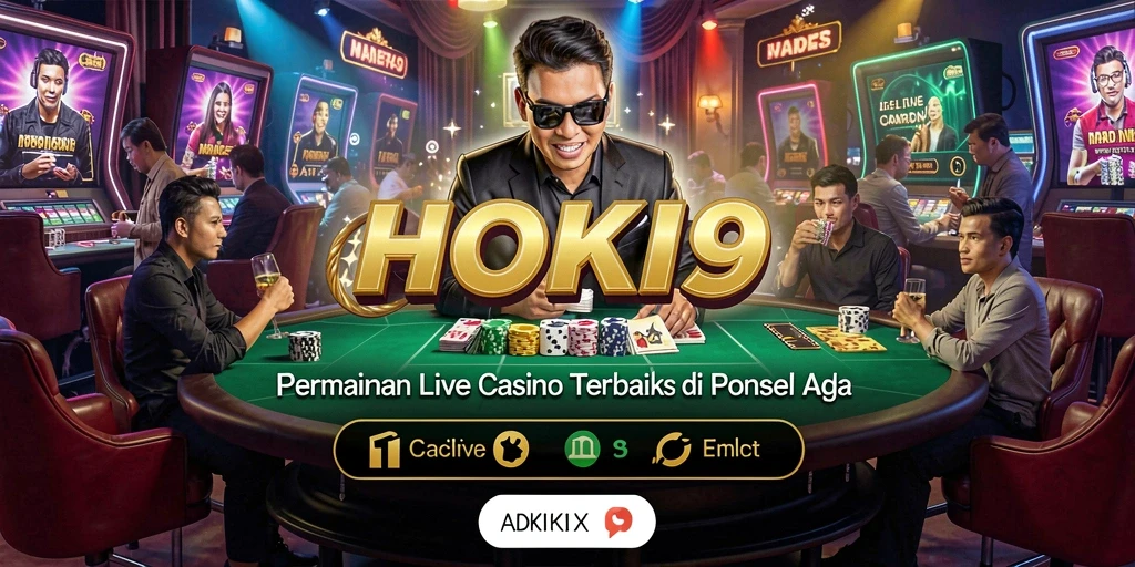 Tampilan gameplay HOKI9 yang menampilkan dealer langsung dan suasana kasino.