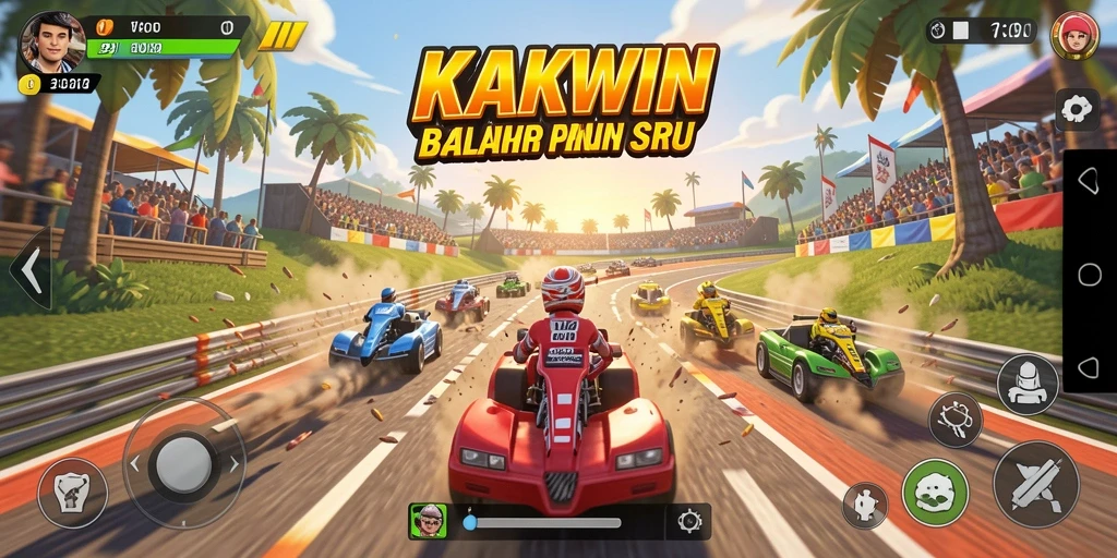 Tampilan gameplay seru KAKWIN dengan mobil balap beraksi di trek.