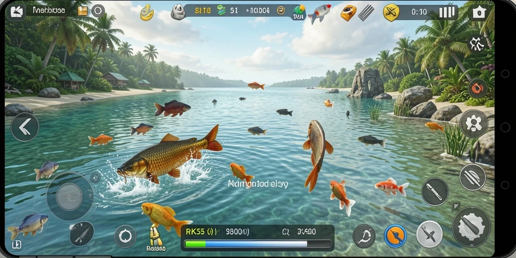 Screenshot gameplay RK55 menampilkan pemain yang menangkap ikan besar di danau yang indah.